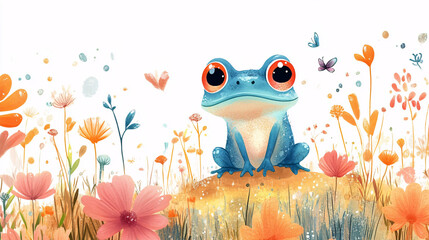 Abstract doodle of a cute frog and magical elements, ideal for a child's forest-themed illustration