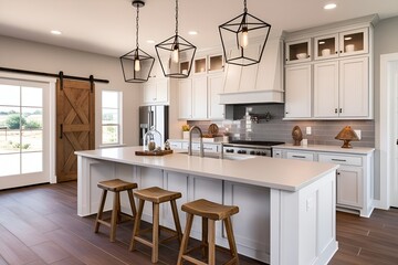 White kitchen design features large bar style kitchen island with granite countertop illuminated by modern pendant lights