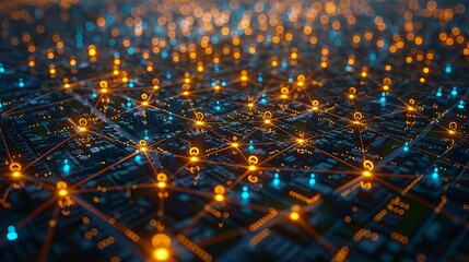 Futuristic Cityscape, Interconnected Network, Big Data Concept, Smart City, Technology Background