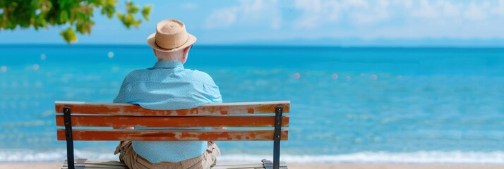 An elderly man enjoys the serene beach view while sitting on a wooden bench under a bright blue sky.