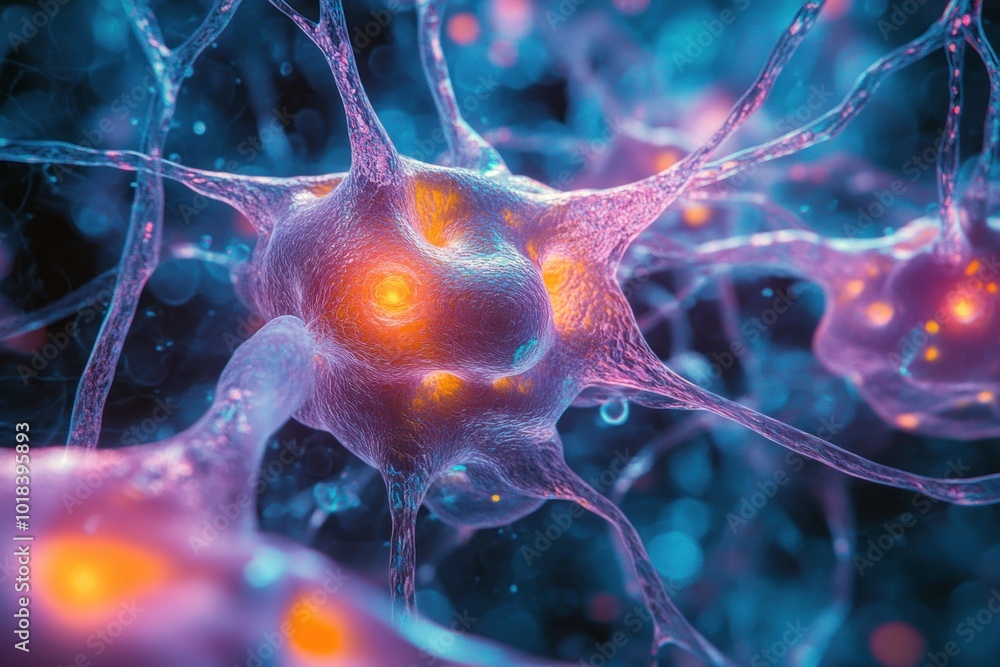 Poster a close-up of a neuron cell, a fundamental unit of the nervous system, with a complex network of den