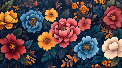 Abstract floral pattern in vibrant colors showcasing traditional Chinese motifs and intricate leaf designs