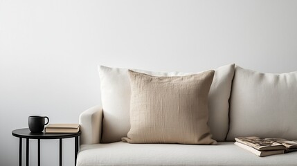 close up white leather sofa with pillows in a contemporary living room interior design