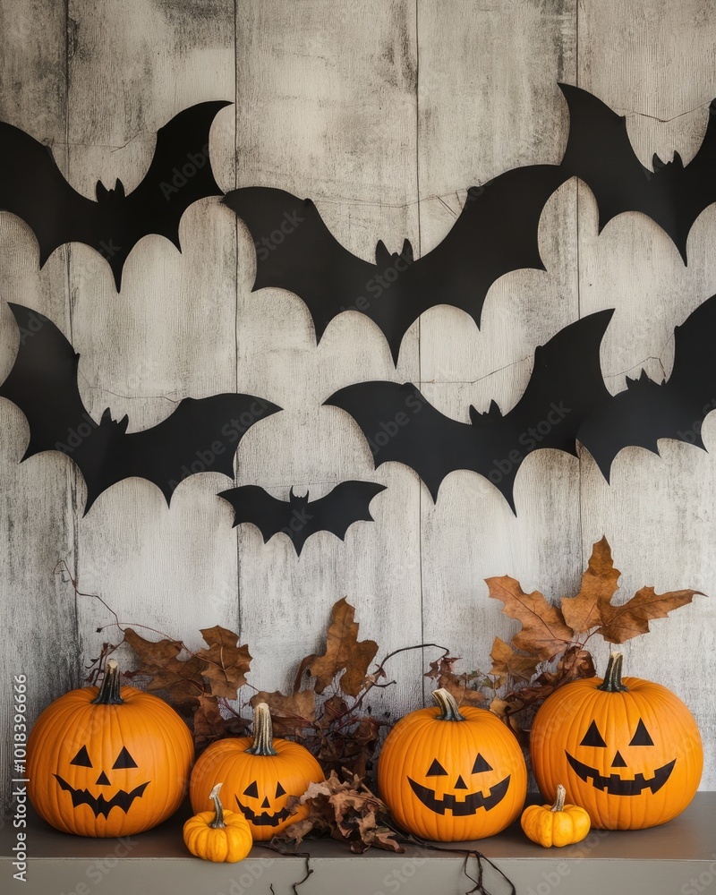 Wall mural Halloween decorations with bats and pumpkins on a neutral backdrop