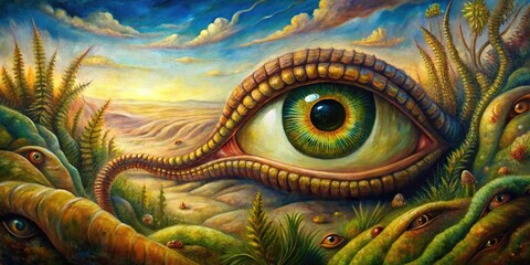 Oil painting of a hidden realm from a worm's eye view