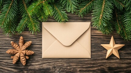 A blank greeting card rests on a clean tabletop alongside an envelope and wooden star decorations, all set against minimal decor featuring pine branches