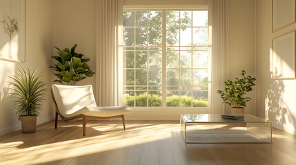 Luxury modern living room with large windows and elegant furniture in a spacious apartment suite