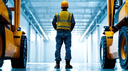 Fototapeta premium Warehouse worker standing between two forklifts, observing the spacious environment.