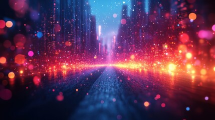 Fototapeta premium A glittering cityscape fades into a vibrant path of light, leading to a world beyond imagination.