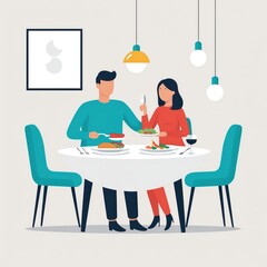 Flat color illustration of a beautiful couple having a delightful dinner in a cozy dining room.