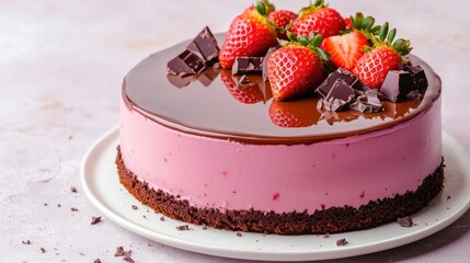 Delicious strawberry cake topped with chocolate, fresh strawberries, and chocolate pieces, perfect for any celebration or dessert lovers.