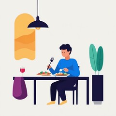 Flat color illustration of a man having a delightful dinner in a fancy restaurant.