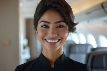 A Smiling Flight Attendant in a Private Jet Interior