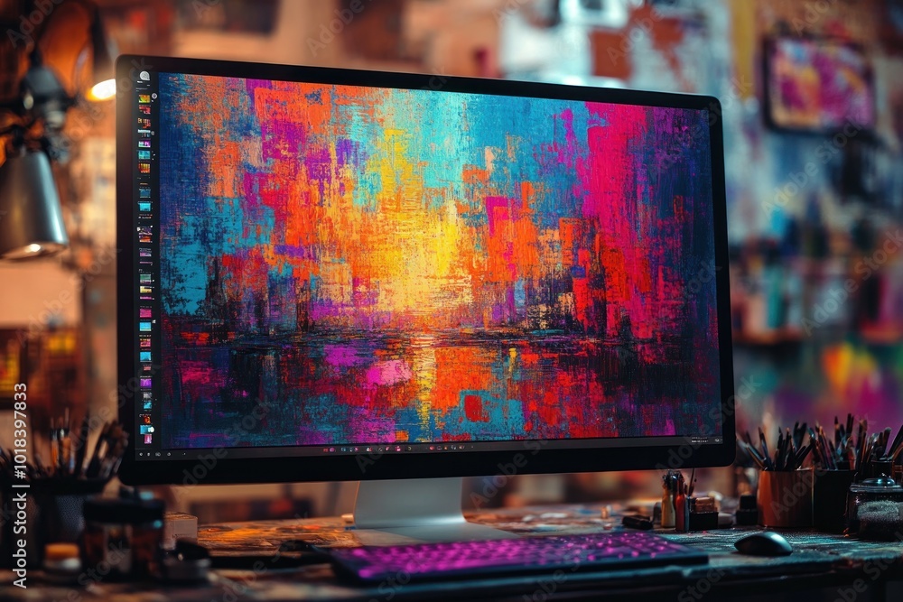 Poster a computer monitor displaying a digital abstract artwork with colorful brush strokes in a workspace.