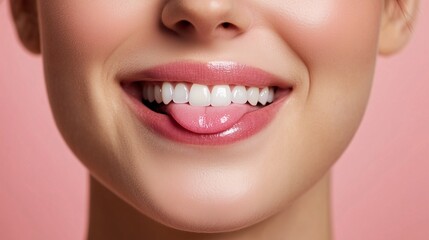 Fototapeta premium Woman Smiling and Licking Lips with Healthy Teeth