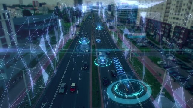 Futuristic concept of driverless smart transportation. AI-driven self-driving cars move along the city road, scanning the traffic situation and surroundings. Aerial view with added HUD elements.  - Powered by Adobe