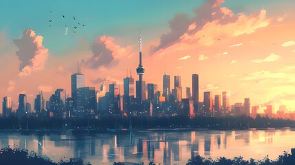 A serene cityscape with a beautiful sunset reflecting on the calm waters