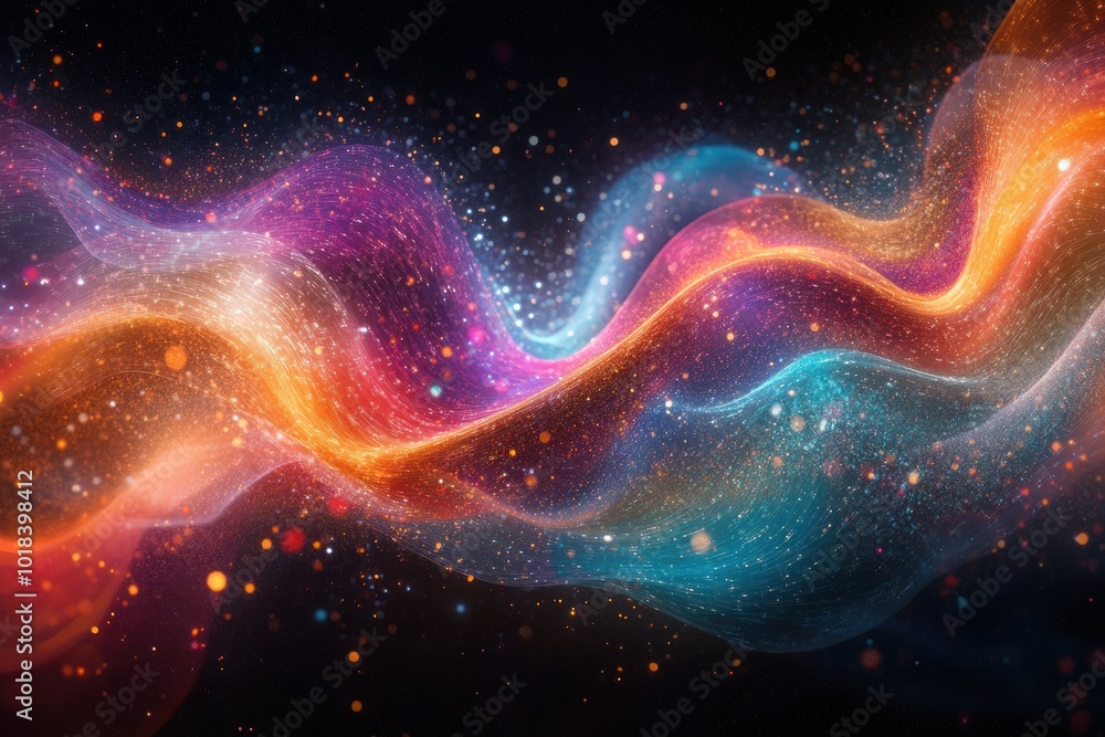 Poster abstract colorful wave with sparkling particles.