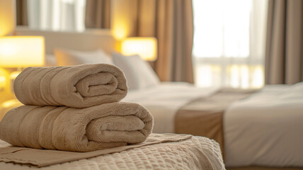 Stack of beige clean towels on bed  in a hotel room	