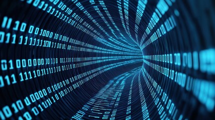 Naklejka premium Digital tunnel with binary code flowing, representing data transfer and technology themes.