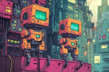 Two small orange robots with digital displays stand on a platform in front of a futuristic cityscape.