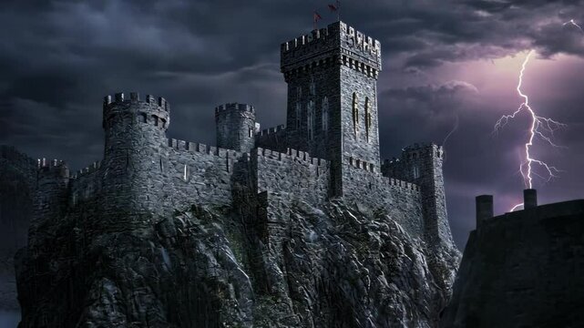 A large, stone castle sits atop a rocky cliff, lightning strikes in the stormy sky above