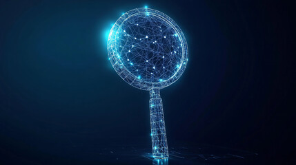 Abstract technology polygonal blue glowing lines and dots magnifying glass, with connect triangle network lines data, on a dark blue background, business concept