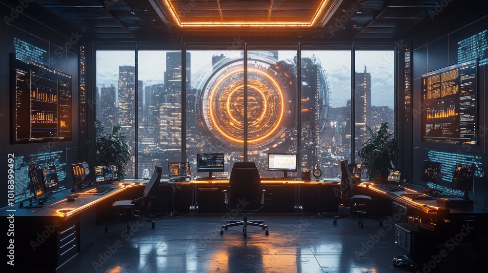 Poster futuristic office with large windows overlooking a city with a glowing orb in the sky, several compu