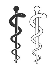 Staff of asclepius symbol. Caduceus sign. Snake around pole medical logo. Vector illustration image.