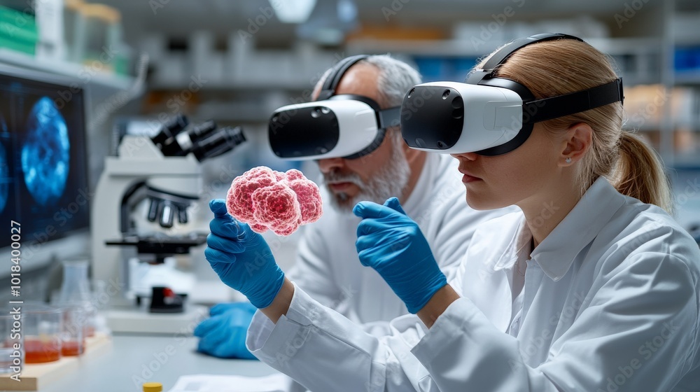 Poster scientists exploring 3d brain model with vr headsets