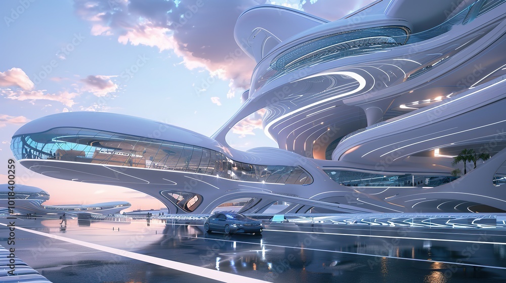 Poster concept of a futuristic transportation hub with advanced design and technology