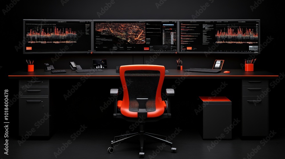 Poster modern tech workspace: a sleek and minimalist workstation with three large monitors displaying data 