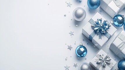 Christmas present with blue bow and silver decorations top view