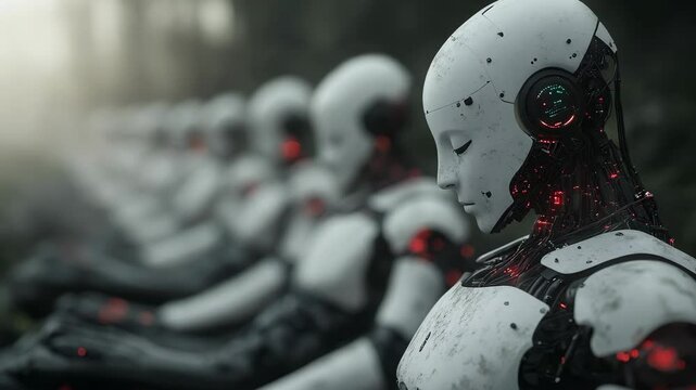 Futuristic robots meditating in misty zen garden, exploring AI consciousness and human obsolescence in dystopian future