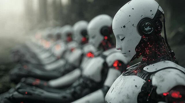Futuristic robots meditating in misty zen garden, exploring AI consciousness and human obsolescence in dystopian future