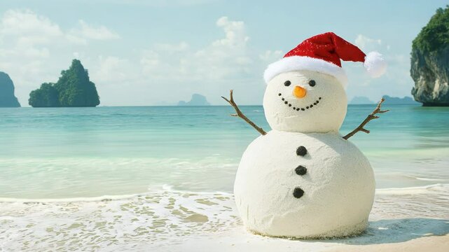 Snowman/sandman made of sand stands on a beach wearing a festive Santa hat. Christmas season in southern hemisphere. Spending new year in tropical countries, seaside setting concept. Holiday retreat.