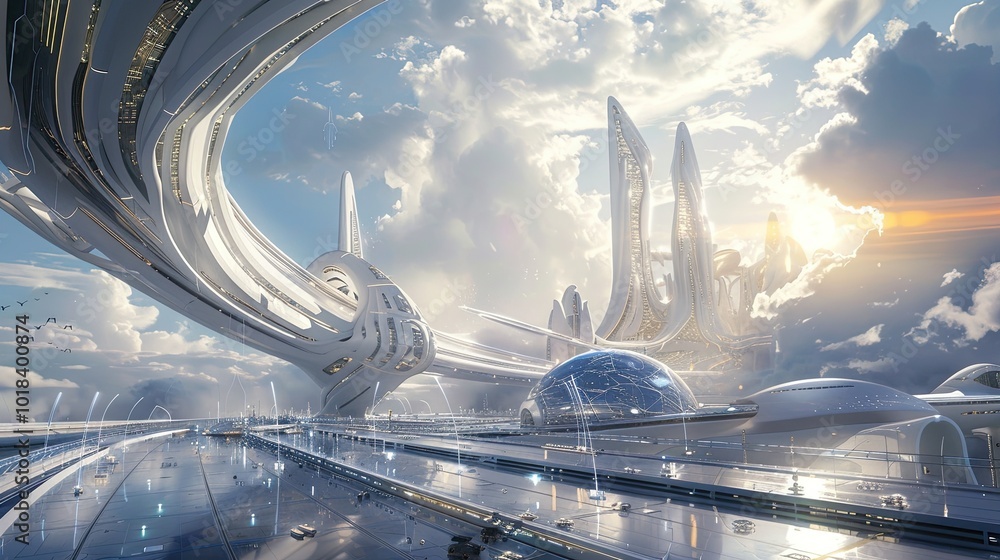 Poster concept of a futuristic transportation hub with advanced design and technology