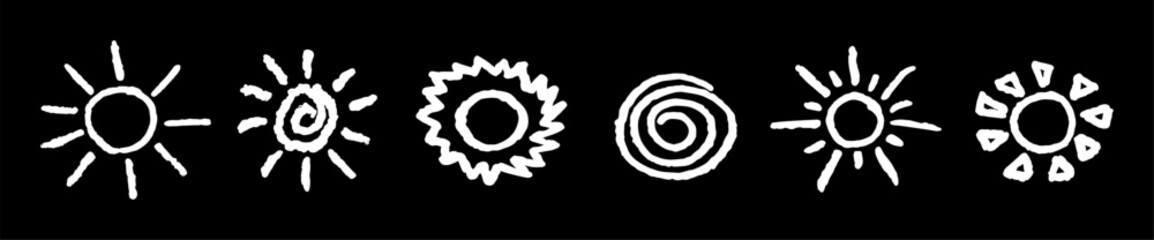 Set of fun like kid drawing white sun. Collection painted with pastel crayons or wax pencil sunny icons. Summer sky symbols. Rough chalk texture vector illustration in children style. Design elements