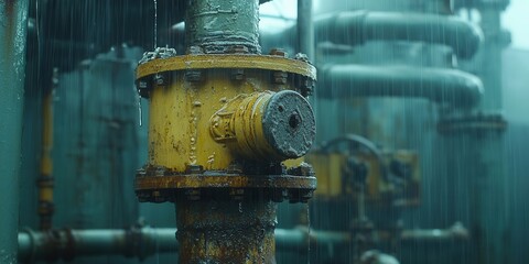 Industrial Pipe Valve in Heavy Rain with Water Droplets Falling From Above
