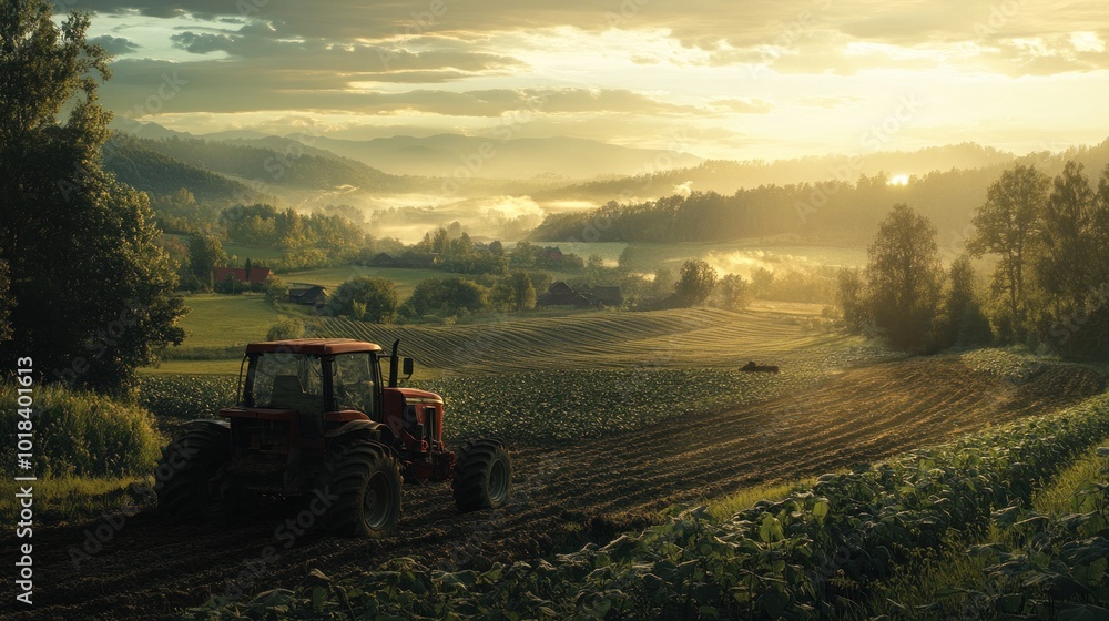 Poster a red tractor working the fields at sunrise with rolling hills and fog in the background.