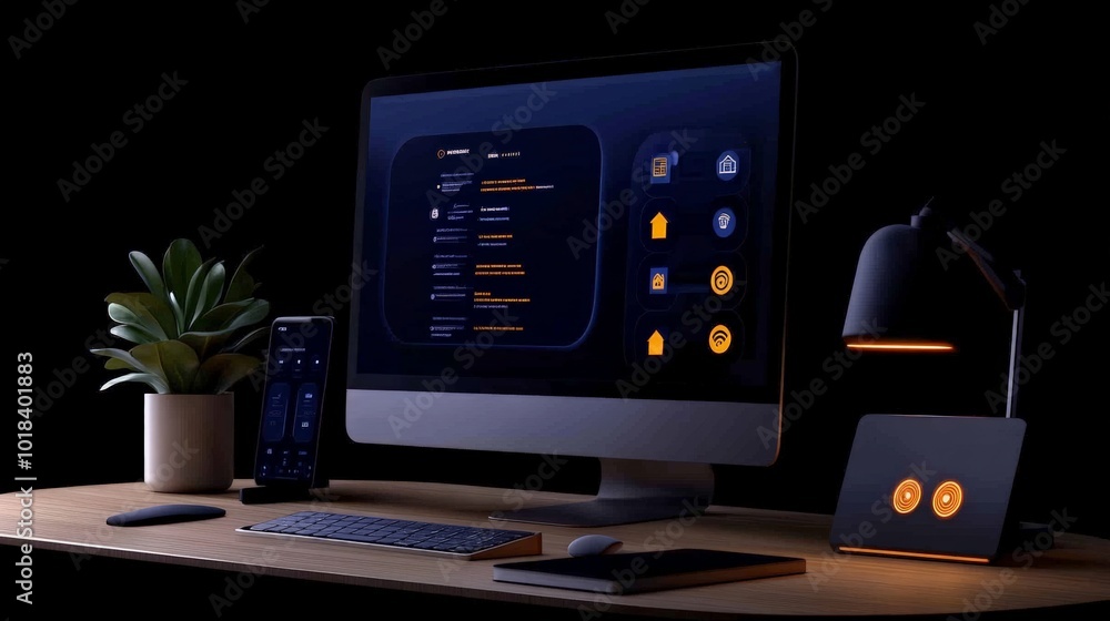 Poster the digital dawn: a minimalist desk setup with a glowing computer screen, a lamp casting warm light,