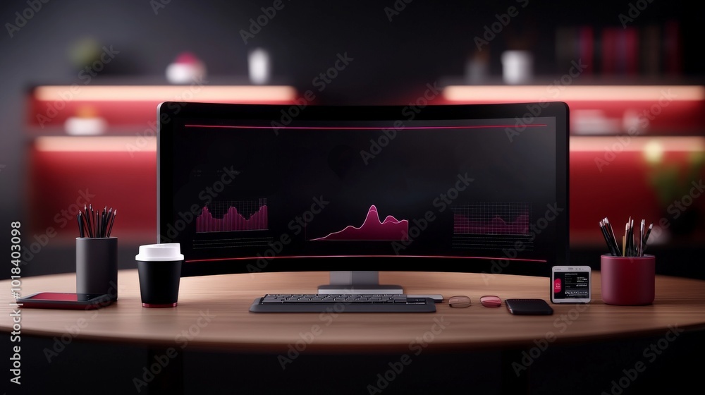 Poster modern minimalist workspace: a sleek and modern workspace with a curved monitor displaying graphs, a