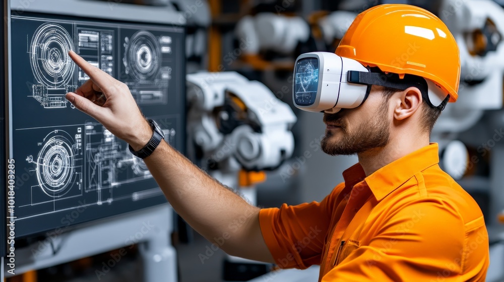 Aufkleber engineer using vr headset and pointing at a digital screen in a factory.