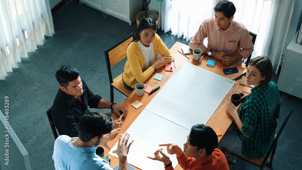 Poster top view of manager standing and present idea at whiteboard. group of diverse people listen presenta