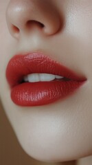 Naklejka premium Close-up of lips with red lipstick, perfect teeth visible.