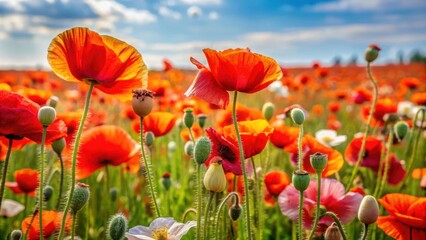 Obraz premium A vibrant field of red poppies bathed in sunlight, showcasing their delicate petals and the beauty of nature's vibrant colors.