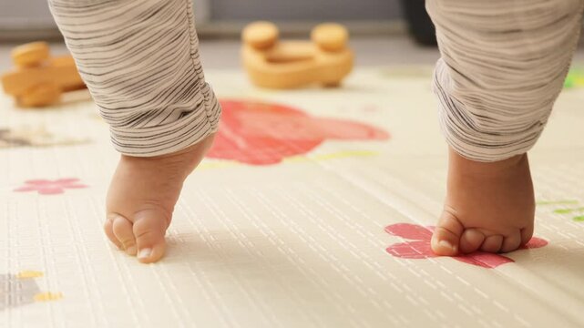 Closeup of fragile infant on floor barefoot showing signs of weak or tight muscle tone during growth moments