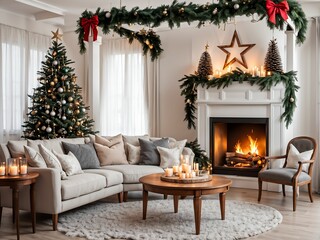 Christmas living room in style of an arbor with a christmas tree,fireplace, stars, sofa with pillows