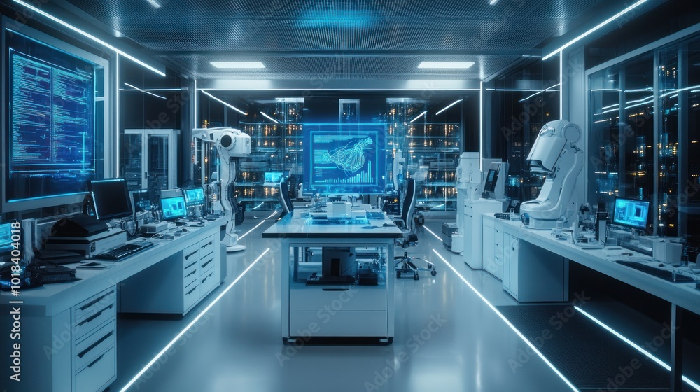 Poster futuristic laboratory with advanced technology, robotic arms, and digital screens displaying data an