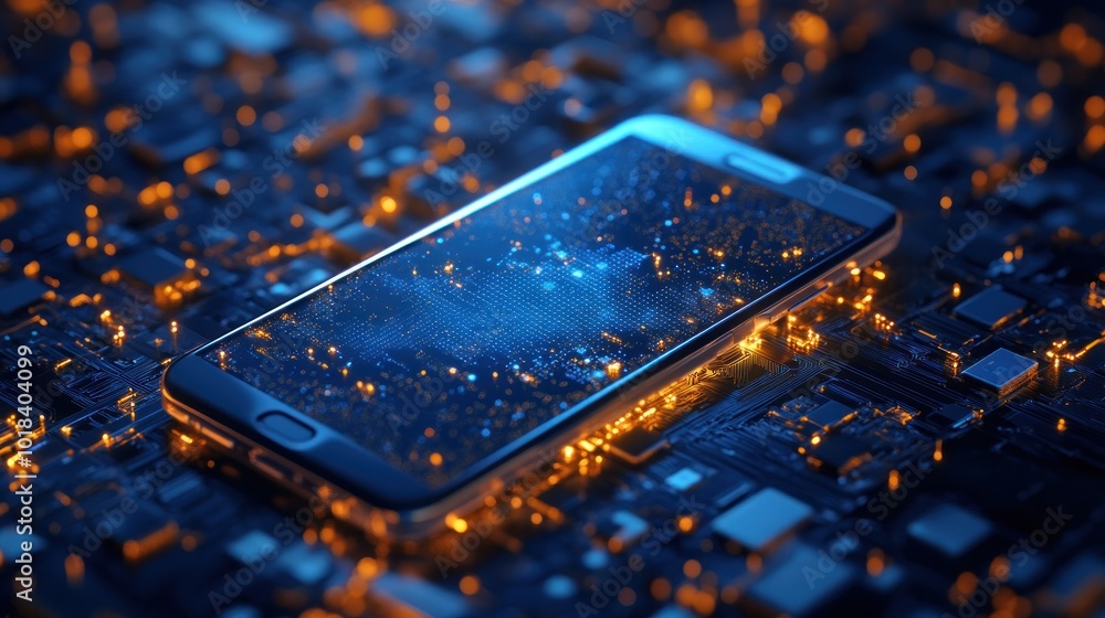 Poster futuristic smartphone floating in digital abstract environment, ai generated image